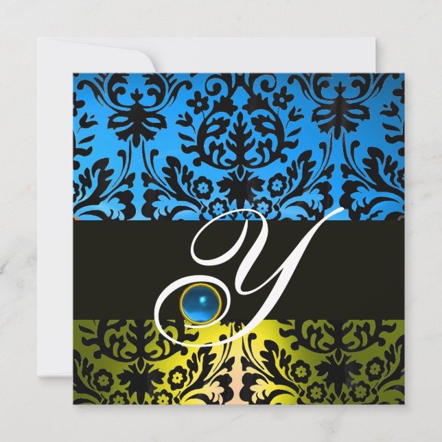 YELLOW BLUE BLACK DAMASK MONOGRAM Saphir Einladung (Vorderseite)