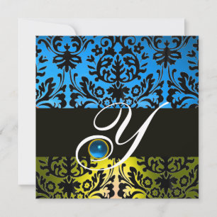 YELLOW BLUE BLACK DAMASK MONOGRAM Saphir Einladung