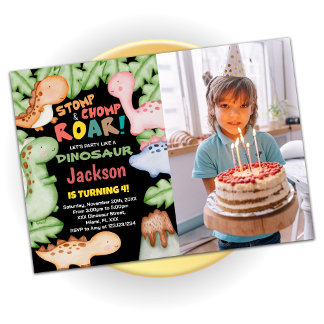 Yellow Blue Black Dinosaurier Geburtstag mit Foto Einladung