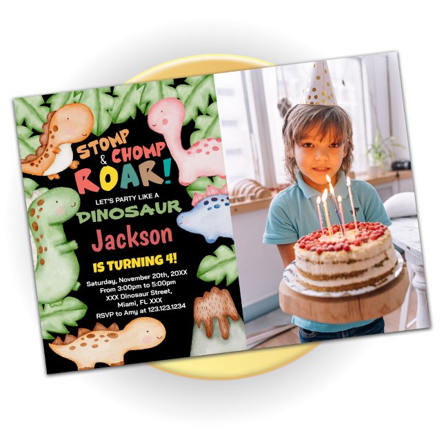 Yellow Blue Black Dinosaurier Geburtstag mit Foto Einladung (Von Creator hochgeladen)