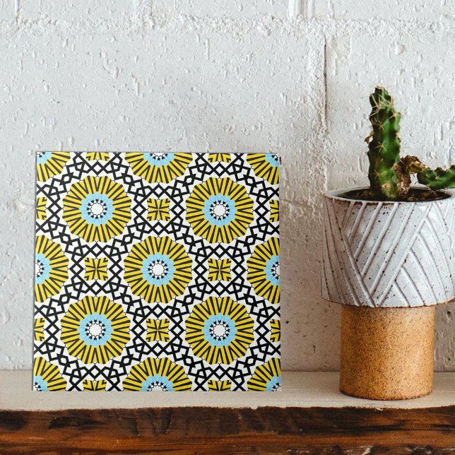Yellow Blue Black & White Mosaic Geometric Pattern Fliese (Von Creator hochgeladen)