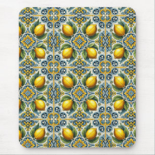 Yellow Blue Capri Lemon Mittelmeer Fliesenmuster Mousepad
