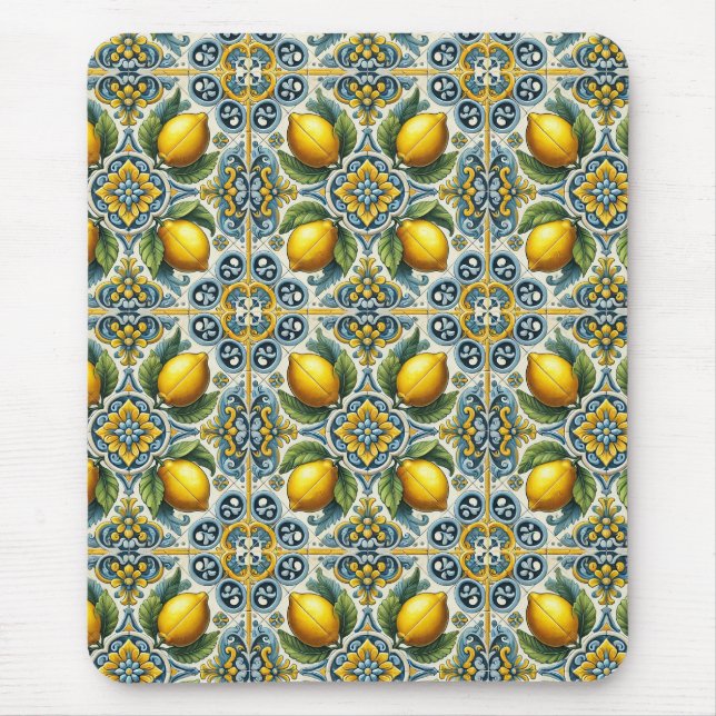 Yellow Blue Capri Lemon Mittelmeer Fliesenmuster Mousepad (Vorne)