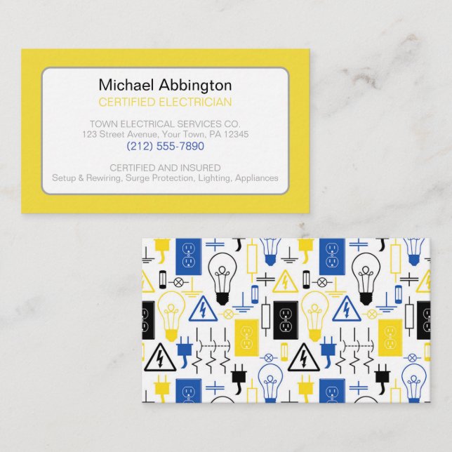 Yellow Blue Electrician Electrician Business Card Visitenkarte (Vorne/Hinten)