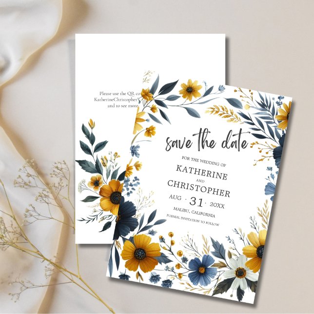 Yellow Blue Elegante Wildblume Wedding Save The Date (Blue Yellow Wildflowers Save the Date with QR Code for wedding website.)