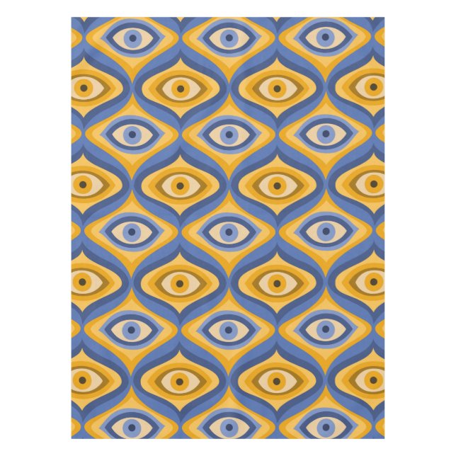 Yellow Blue Eye Art Deco Geometrisches Muster Tischdecke (Vorderseite)