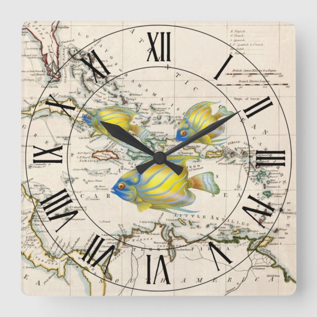 Yellow & Blue Fish ~ West Indies ~ Karibisches Mee Quadratische Wanduhr (Vorderseite)