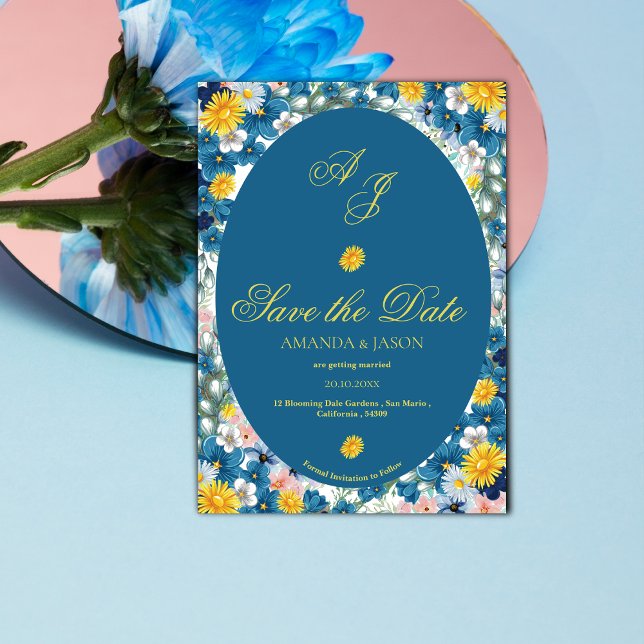 Yellow Blue Floral Monogram Wedding Save the Date (Yellow Blue Floral Monogram Wedding Save the Date Invitation)
