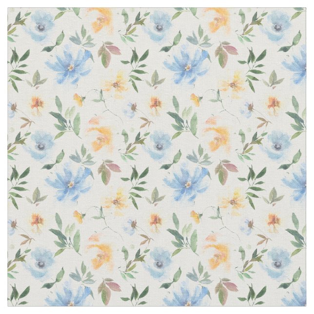 Yellow Blue Floral Muster Baumwollstoff Stoff (Nahaufnahme)