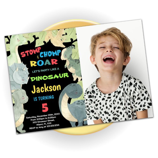 Yellow Blue Green Dinosaurier Geburtstag mit Foto Einladung (Yellow Blue Green Dinosaur Birthday With Photo Invitation)
