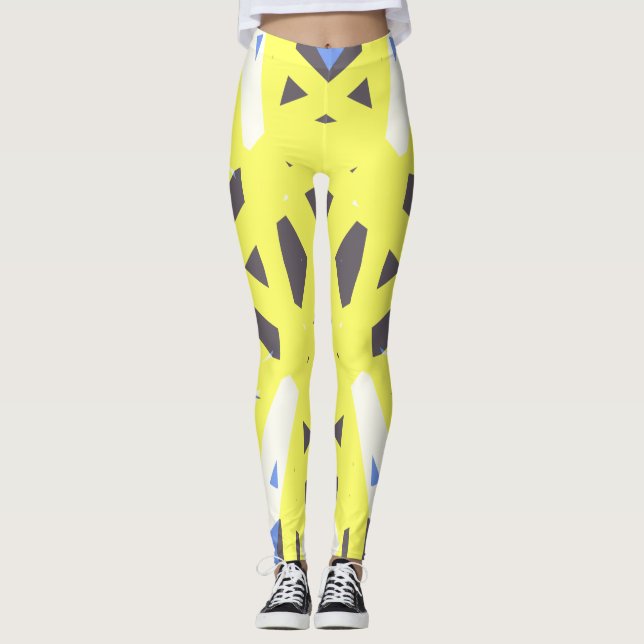 Yellow Blue Grey White Geometric Gym Übung Leggings (Vorderseite)