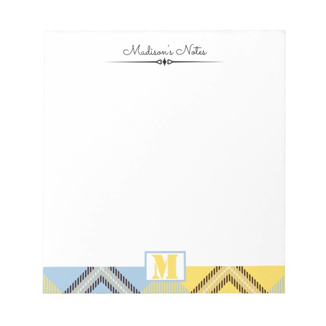 Yellow Blue Kariert Tartan Custom Script Monogram Notizblock (Vorderseite)