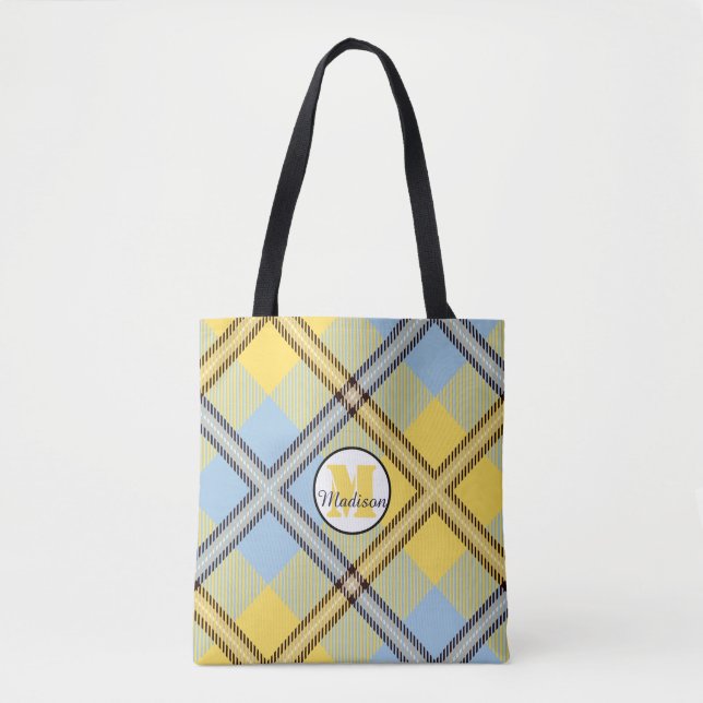 Yellow Blue Kariert Tartan Monogram Script Wedding (Vorderseite)