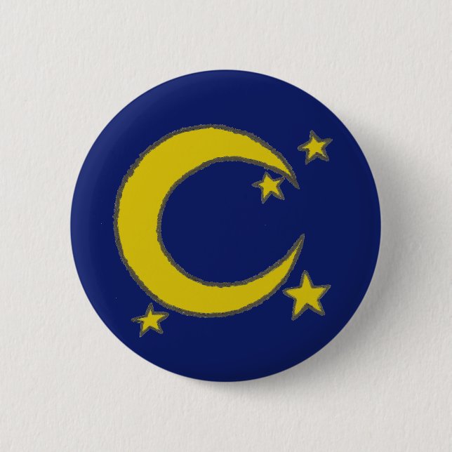 Yellow Blue Night Sky Crescent Moon Stars Abend Button (Vorderseite)