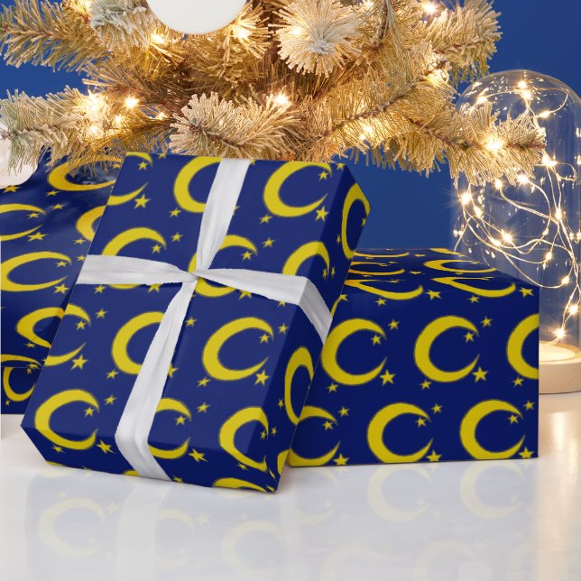 Yellow Blue Night Sky Crescent Moon Stars Abend Geschenkpapier (Feiertage)