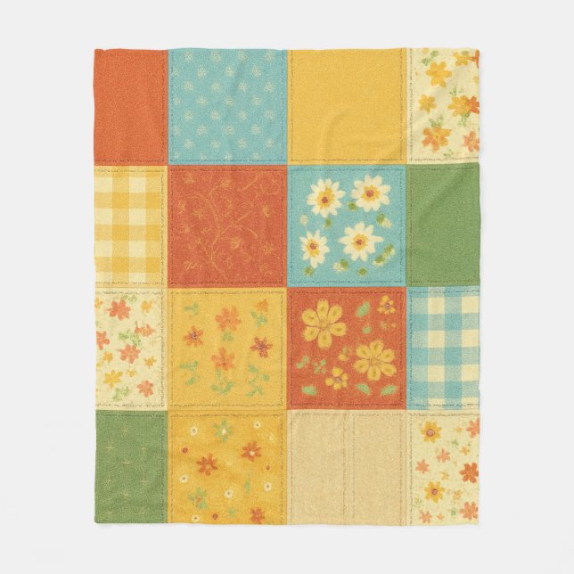 Yellow Blue Patchwork Quilt Rustikales Bauernhaus  Fleecedecke (Vorderseite)