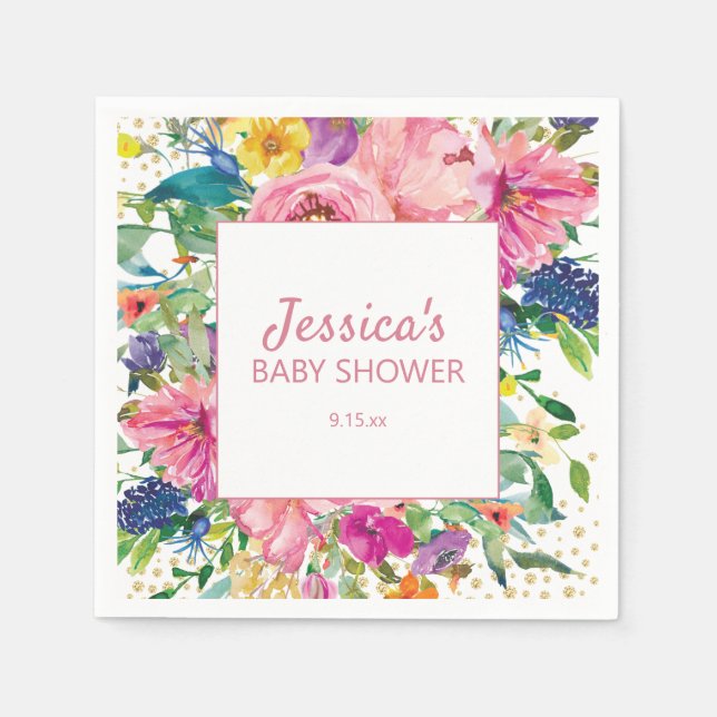 Yellow Blue Pink Baby Dusche Gold Glitzer Weiß Serviette (Vorderseite)