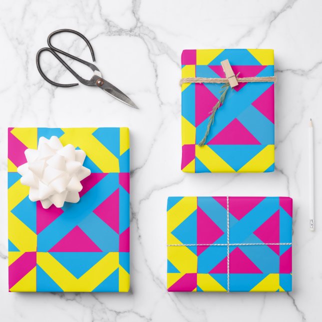 Yellow Blue Pink Square Geometrie Muster Geschenkpapier Set (Vorderseite)
