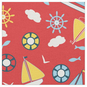 Yellow Blue Sailboote Fisch Vögel Red Nautic Stoff
