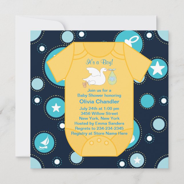 Yellow Blue Stork Baby Boy Dusche Einladung (Vorderseite)