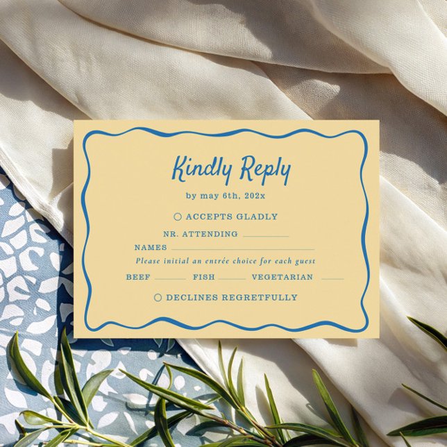 Yellow & Blue Striped Wedding RSVP Karte (Von Creator hochgeladen)