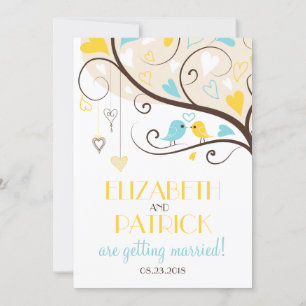 Yellow & Blue Summer Lovebirds Hochzeitseinladung Einladung