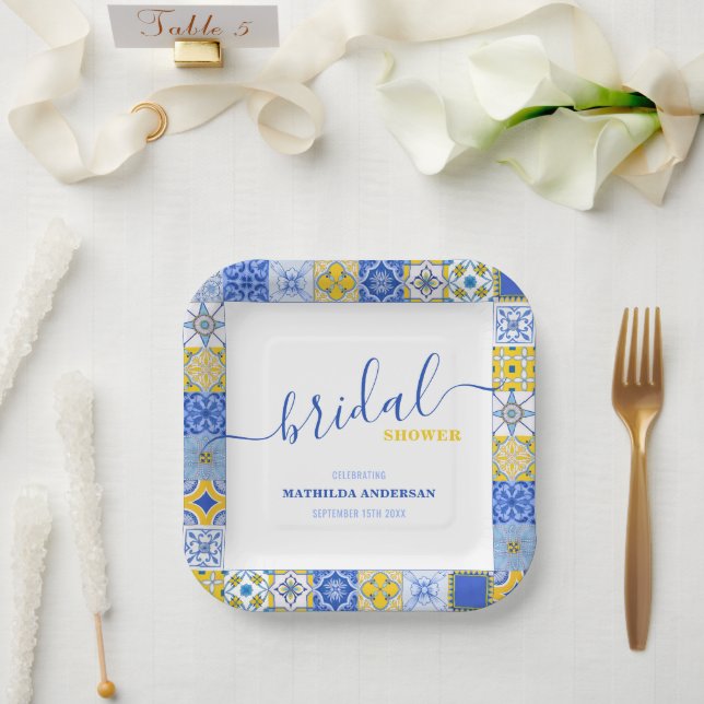 Yellow Blue Tiles Summer Brautparty Pappteller (Hochzeit)