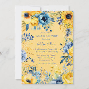 Yellow Blue Watercolor Peony Wedding Einladung