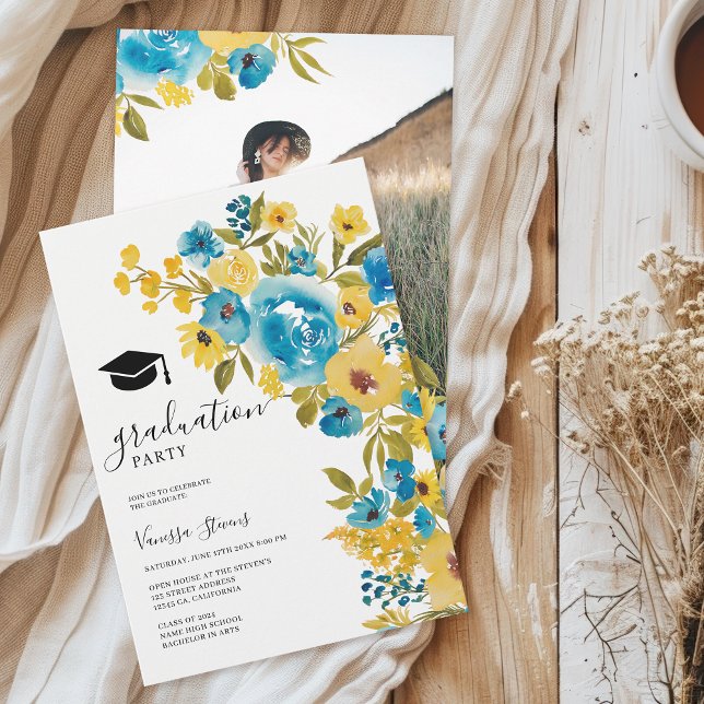 Yellow Blue Watercolor Wildblume Abschluss Foto Einladung (Yellow Blue Watercolor Wildflower Graduation Photo Invitation)