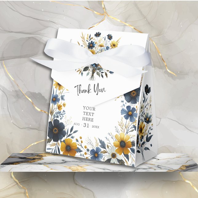 Yellow Blue Wildblume Elegantes Party Vielen Dank Geschenkschachtel (Blue Yellow Elegant Wildflower Thank You Favor Box with White Bow for event party gifts or treats.)