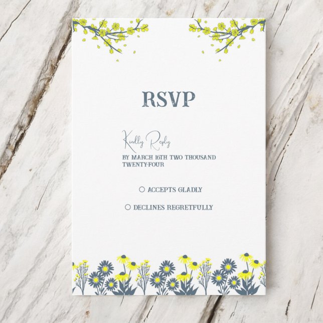 Yellow Blue Wildblume Floral Boho Wedding RSVP Karte (Von Creator hochgeladen)