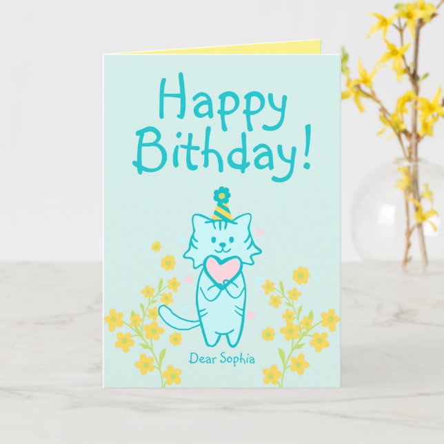 Yellow Blume&Blue Cat mit Hut und Herz zum Geburts Karte (Gelbe Blume)