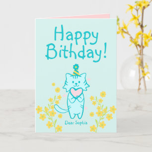 Yellow Blume&Blue Cat mit Hut und Herz zum Geburts Karte