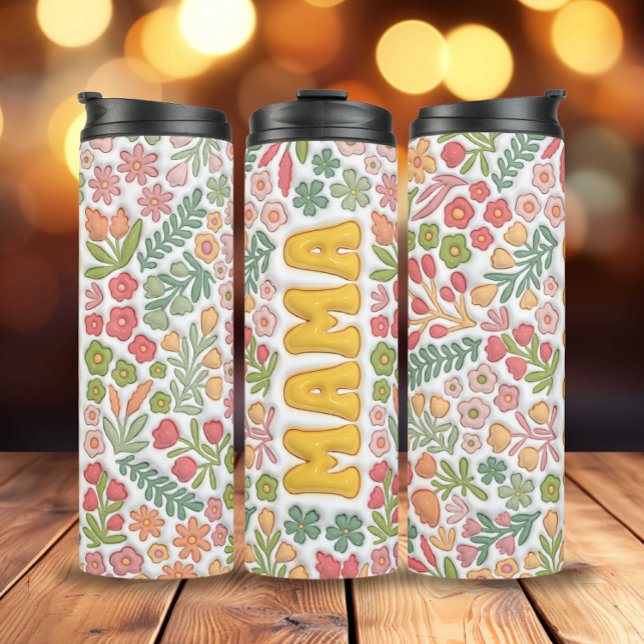 Yellow Boho Floral 3D Mama Thermosbecher (3D Inflated Yellow Boho Flowers Mama Thermal Tumbler)