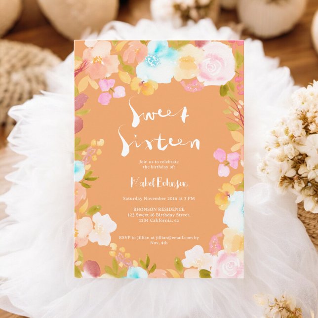 Yellow boho floral Aquarellschrift Sweet 16 Einladung (Yellow boho floral watercolor script Sweet 16 Invitation)