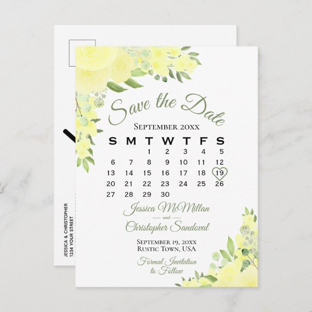 Yellow Boho floral Wedding Save the Date Calendar Ankündigungspostkarte (Vorne/Hinten)