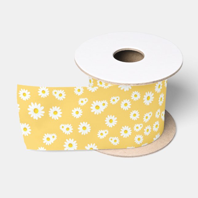 Yellow Boho Spring Daisies Pattern Satinband (Spule)