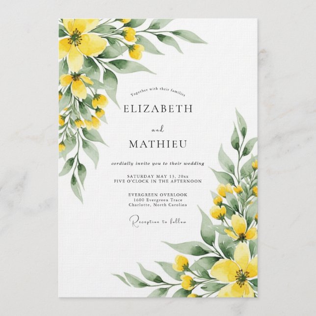 Yellow Botanical Meadow Wedding Einladung (Vorderseite)