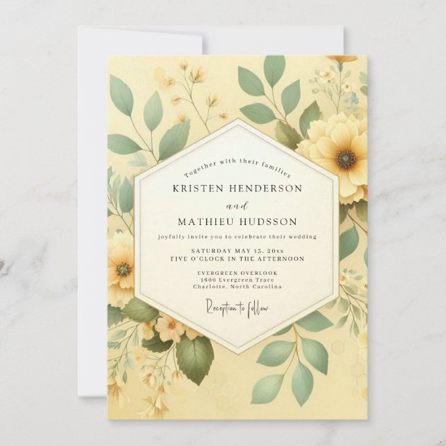 Yellow Botanical Romance Wedding Einladung (Vorderseite)