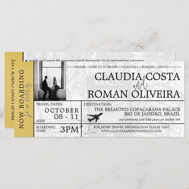 Yellow Brazil Wedding Boarding Pass Einladung (Vorne/Hinten)
