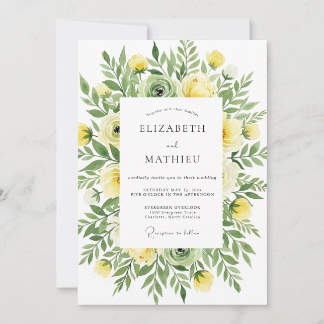Yellow Breezy Botanical Wedding Einladung (Vorderseite)
