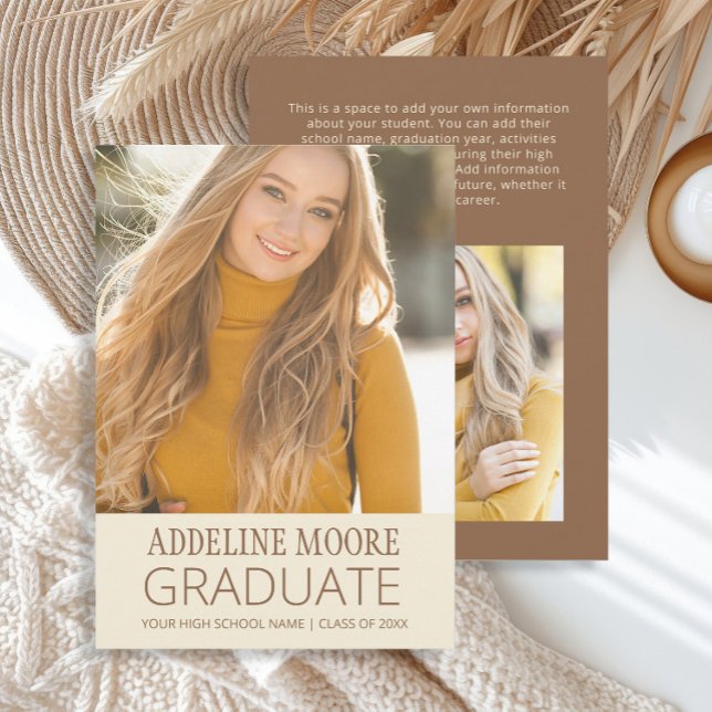 Yellow Brown 2-Foto Abschluss Ankündigung (Modern soft yellow and brown 2-photo graduation announcement card)
