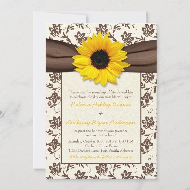 Yellow Brown Ribbon Damask Sonnenblume Hochzeit Einladung (Vorderseite)