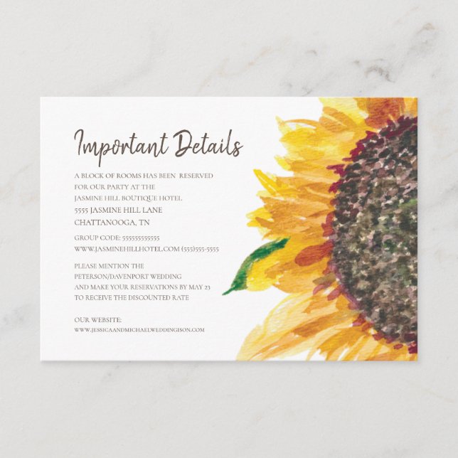 Yellow Brown Sunflower Boho Hochzeitdetails Begleitkarte (Vorderseite)