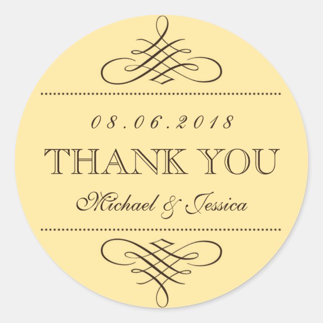 Yellow Brown Wirbel Ornament Wedding Stickers (Vorderseite)
