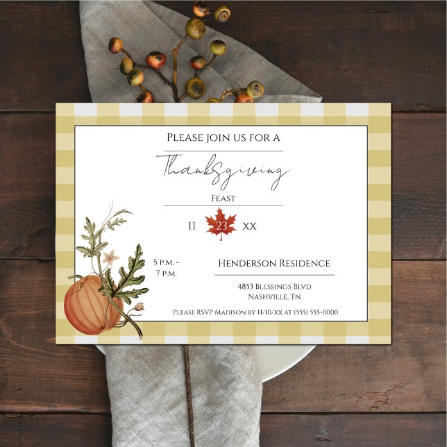 Yellow Buffalo Kariert Pumpkin Erntedank Dinner Einladung (Yellow Buffalo Plain Pumpkin Thanksgiving Dinner Invitation)