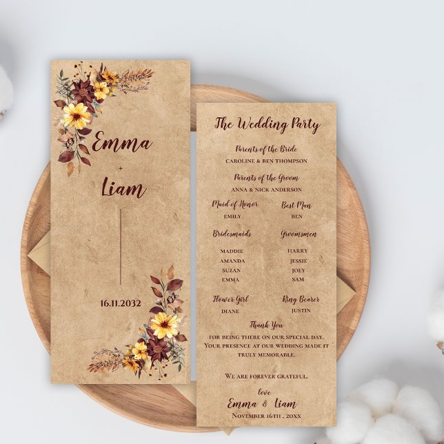Yellow Burgundy Herbst Floral Wedding Program Card Einladung (Yellow Burgundy Autumn Floral Wedding Program Card)