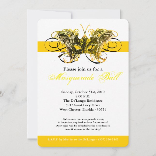 Yellow Butterfly Masquerade Maskenkostüm Halloween Einladung (Vorderseite)