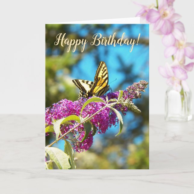 Yellow Butterfly on Pink Flowers Birthday Karte (Orchidee)