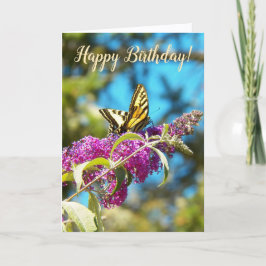 Yellow Butterfly on Pink Flowers Birthday Karte